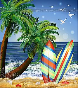 Summer Beach Party card with serf boards. vector illust - vector clipart