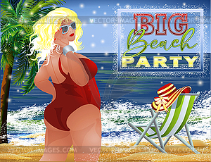 Big Beach Party invitation card. Plus size blonde  woma - vector clip art