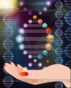 Eco card, female hand holding dna helix, vector illustr - vector clipart