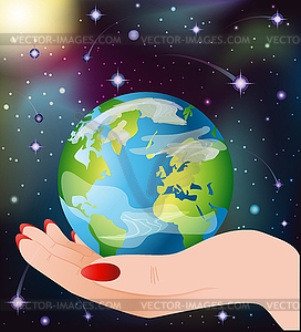 Eco background, female hand holding planet earth, vecto - vector image