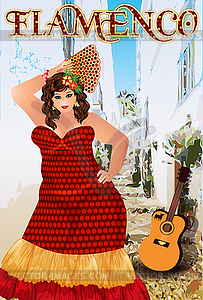 Flamenco dance spanish fat woman with guitar, andalusia - vector clipart