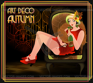 Autumn art deco vip girl with champagne, vector illustr - vector clipart