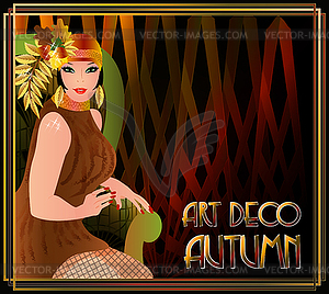 Autumn art deco vip girl with armchair, vector illustra - vector image