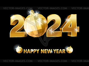 Golden Happy New 2024 year  background with xmas ball,  - vector image