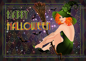 Happy Halloween vip card, redhair witch and broom, vect - vector clipart