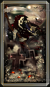 Happy Halloween vip card, death with scythe and cemeter - vector clipart