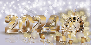 Happy New 2024 year banner with clock and xmas balls ,  - color vector clipart