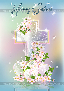 Happy Easter card with Crystal Cross, eggs and spring - vector clipart