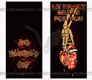 No Valentines day two banners, skeleton hand holding a  - vector image