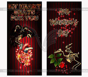 Никаких баннеров на день Святого Валентина, скелет ворона держит хеа - изображение в векторе / векторный клипарт