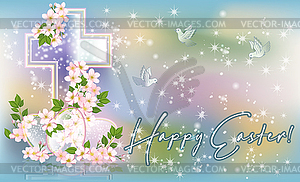 Easter cross with springs flowers greeting banner, vect - vector image