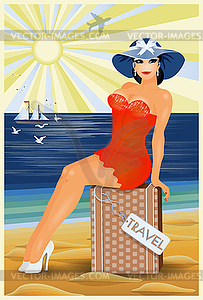 Pinup girl with bag, travel  card, vector illustration - vector image
