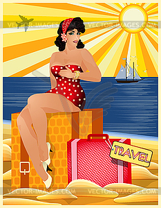 Travel Pinup sexual girl with bag, invitation card, vec - vector image