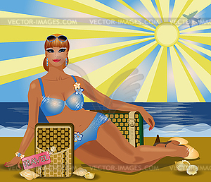 Pinup girl with bag, vip travel card, vector illustrati - vector image