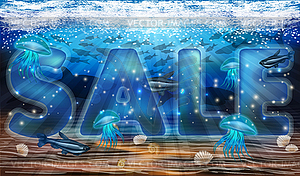Underwater sale banner, vector illustration - color vector clipart