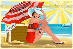 Travel Pinup young girl with bag, vip card, vector illu - vector image