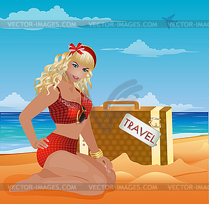 Travel Pinup sexy girl with luggage, invitation card, v - royalty-free vector clipart