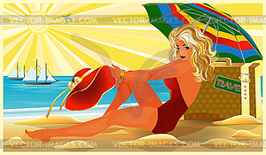 Pinup blond girl with bag, travel card, vector illustra - vector image