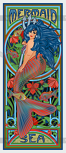 Plus size Mermaid with Trident in art nouveau style car - vector image