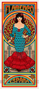 Young spanish flamenco woman in art nouveau style - vector clipart