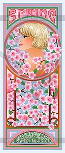 Spring girl in art nouveau style, season card, vector i - vector clip art