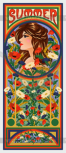 Summer woman in art nouveau style, season card, vector - royalty-free vector clipart