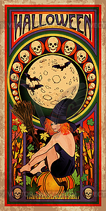 Happy Halloween invitation car, witch in art nouveau st - vector image