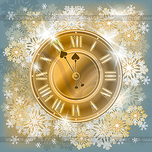 Happy New year xmas greeting card with golden clock - vector clipart