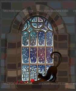 View from the window onto a winter street, vector illus - vector clip art