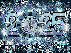 Happy 2025 New year greeting card with xmas clock, vect - vector image