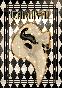 Happy carnival zanni mask Scaramuccia, card in art deco - vector clipart