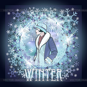 Winter season woman in style art deco, vector illustrat - vector clip art