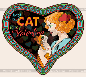 Valentines day card with young woman and ginger cat - royalty-free vector image