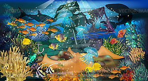 Underwater background with sunken ship and sharks. vect - vector clipart