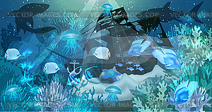 Underwater banner with sunken ship and sharks. vector - vector clip art
