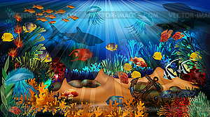 Underwater background with old anchor and tropical fish - vector clip art