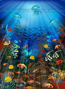 Underwater banner with rusty anchor and tropical fish.  - vector image