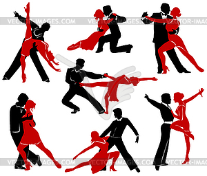 Silhouettes of the pairs dancing ballroom dances.  - vector clipart