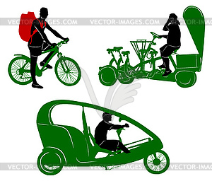 Silhouettes of tourist transportation and traveler - vector image