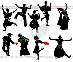 Silhouettes of dancing people. Ethnic dances. - vector clipart