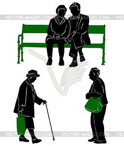 Silhouettes of the elderly to walk and rest. - vector image