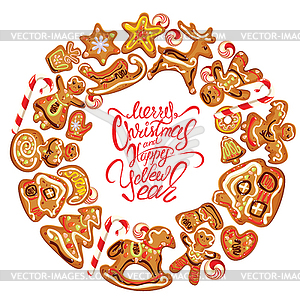 Holiday card. Round frame with xmas gingerbread - vector image