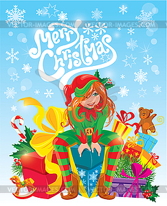 Red hair girl, X-mas Elf with gifts boxes, toys, - vector clipart