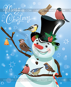 Card with funny snowman and birds on blue snow - vector image