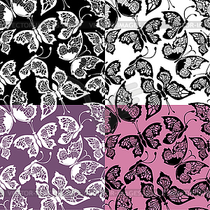 Set of seamless patterns with silhouette butterflie - vector image