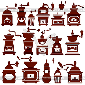 Set with different shapes vintage coffee mills - vector image