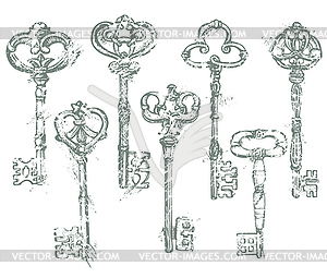 Set of Antique Vintage Keys in grunge style. b - vector image