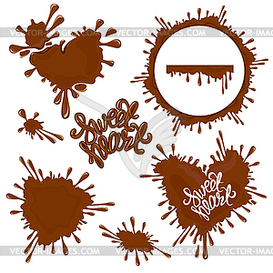 Set of Chocolate splashes, hearts, circle, drops, - vector image