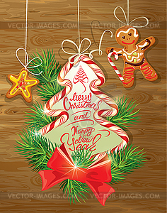 Holiday greeting Card with xmas gingerbread - man - vector image