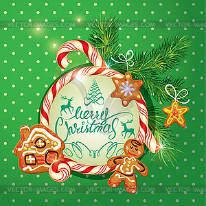 New Year Holiday greeting Card with xmas gingerbrea - vector clipart